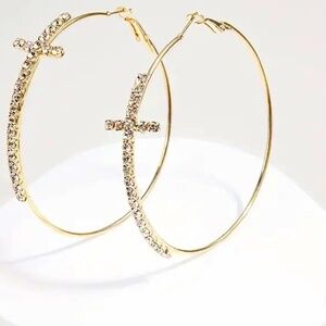 NEW! Cross Rhinestone Hoop Earrings